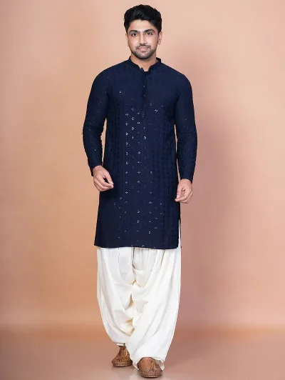 Navy Blue Cotton Blend Kurta For Men With Embroidery Work